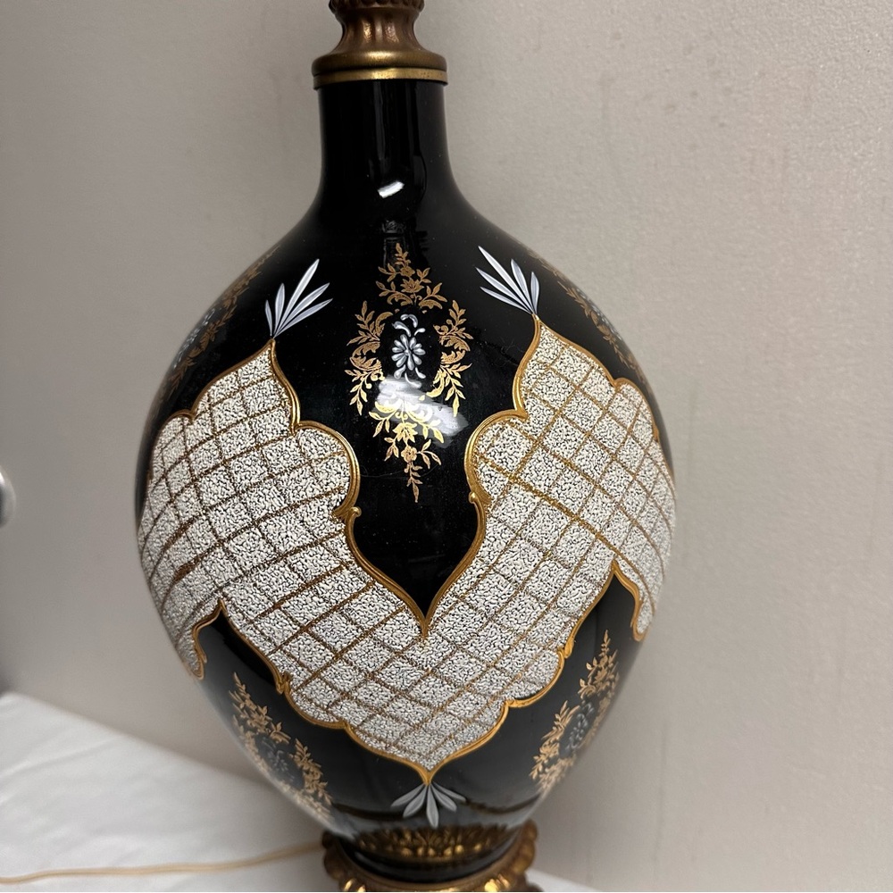 Hollywood Regency Tall Black Table Lamp Black Gold Ornate on Marble Base 36”H - Picture 8 of 8